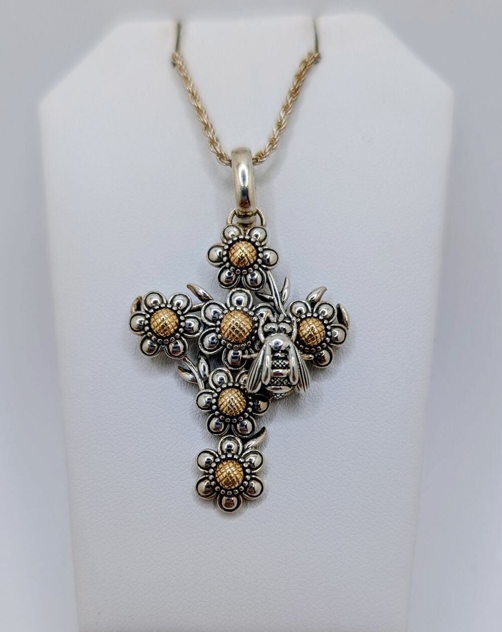 KEISELSTEIN-CORD KC STUDIO SS & 14K Gold Flower & Bee Cross on 20 in Rope Chain